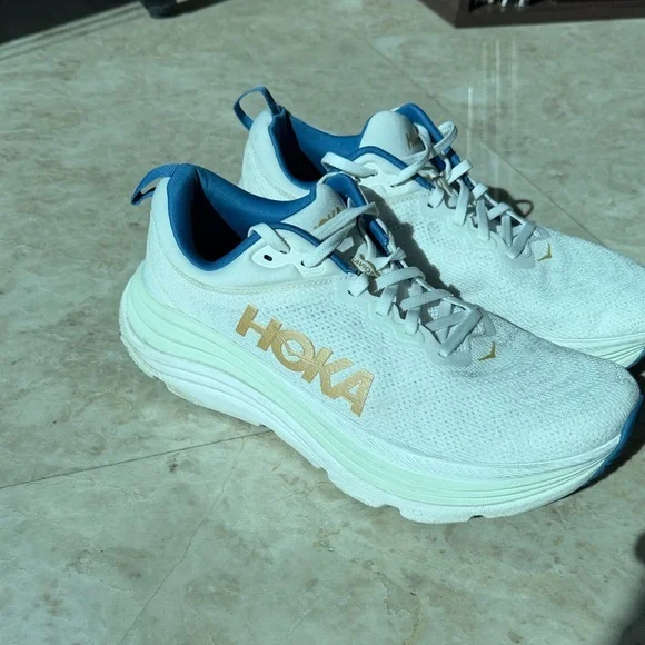 Hoka White and Blue Sneakers with Gold Logo - Picture 1 of 6